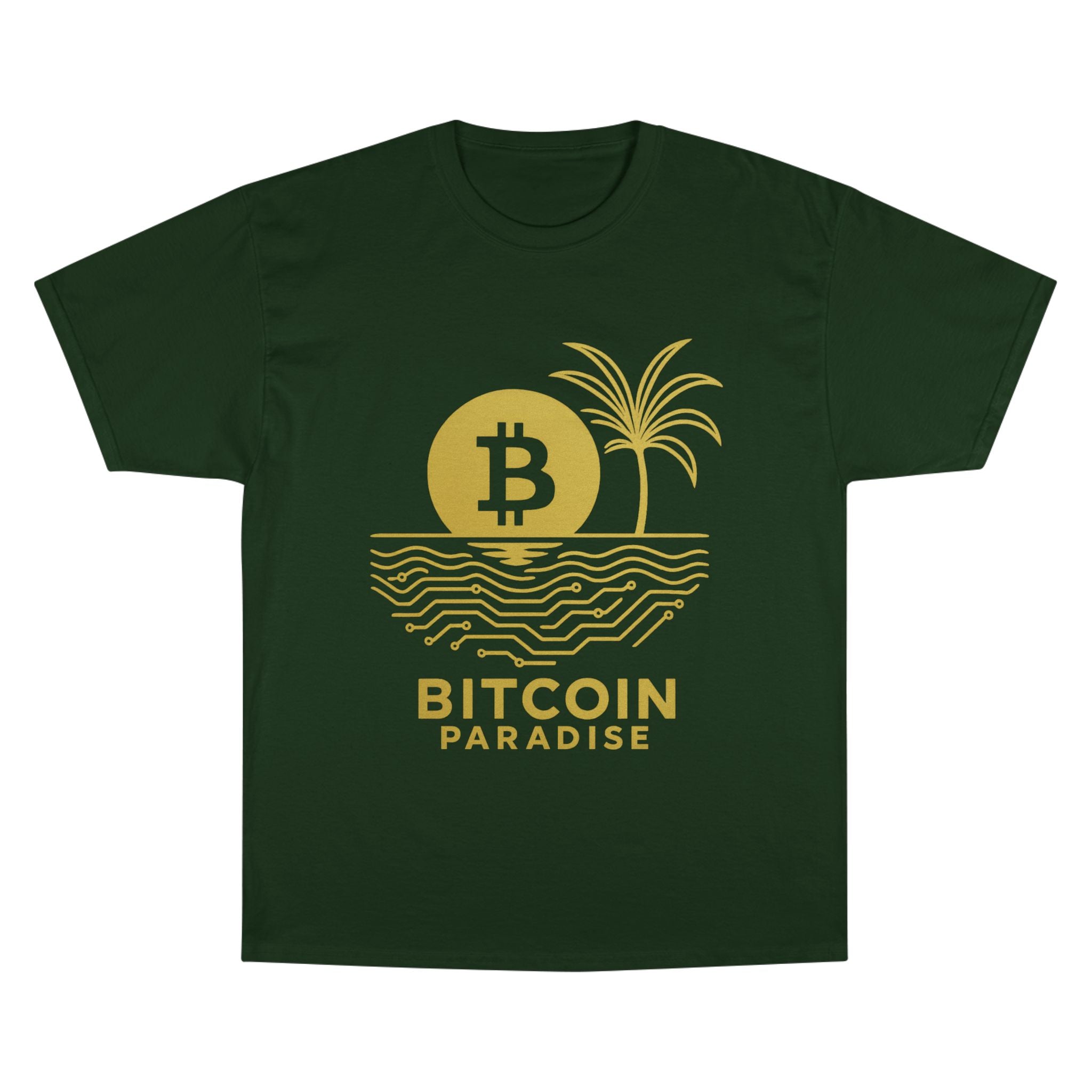 Bitcoin Beach T-Shirt — Gold Crypto Palm Tree Design
