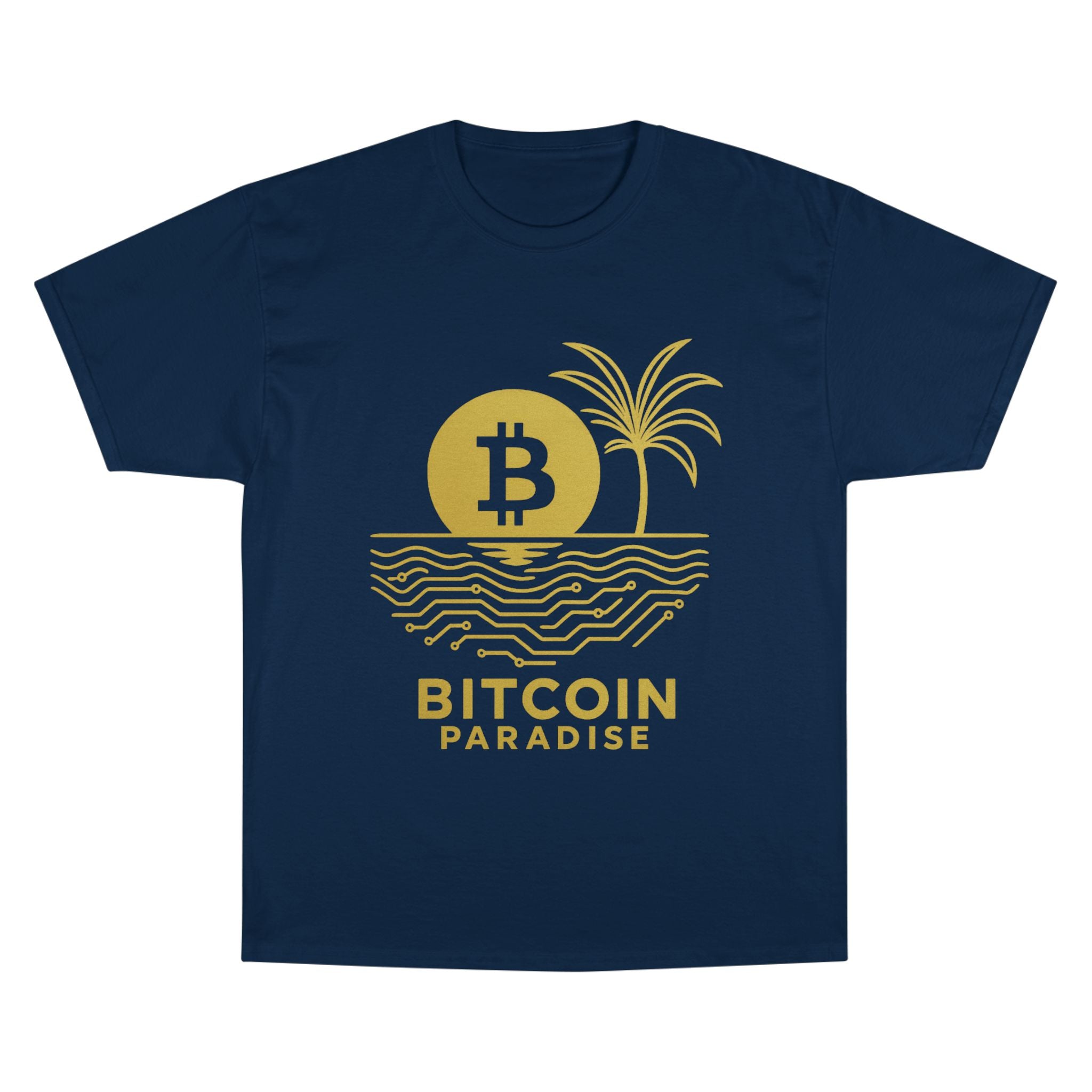 Bitcoin Beach T-Shirt — Gold Crypto Palm Tree Design