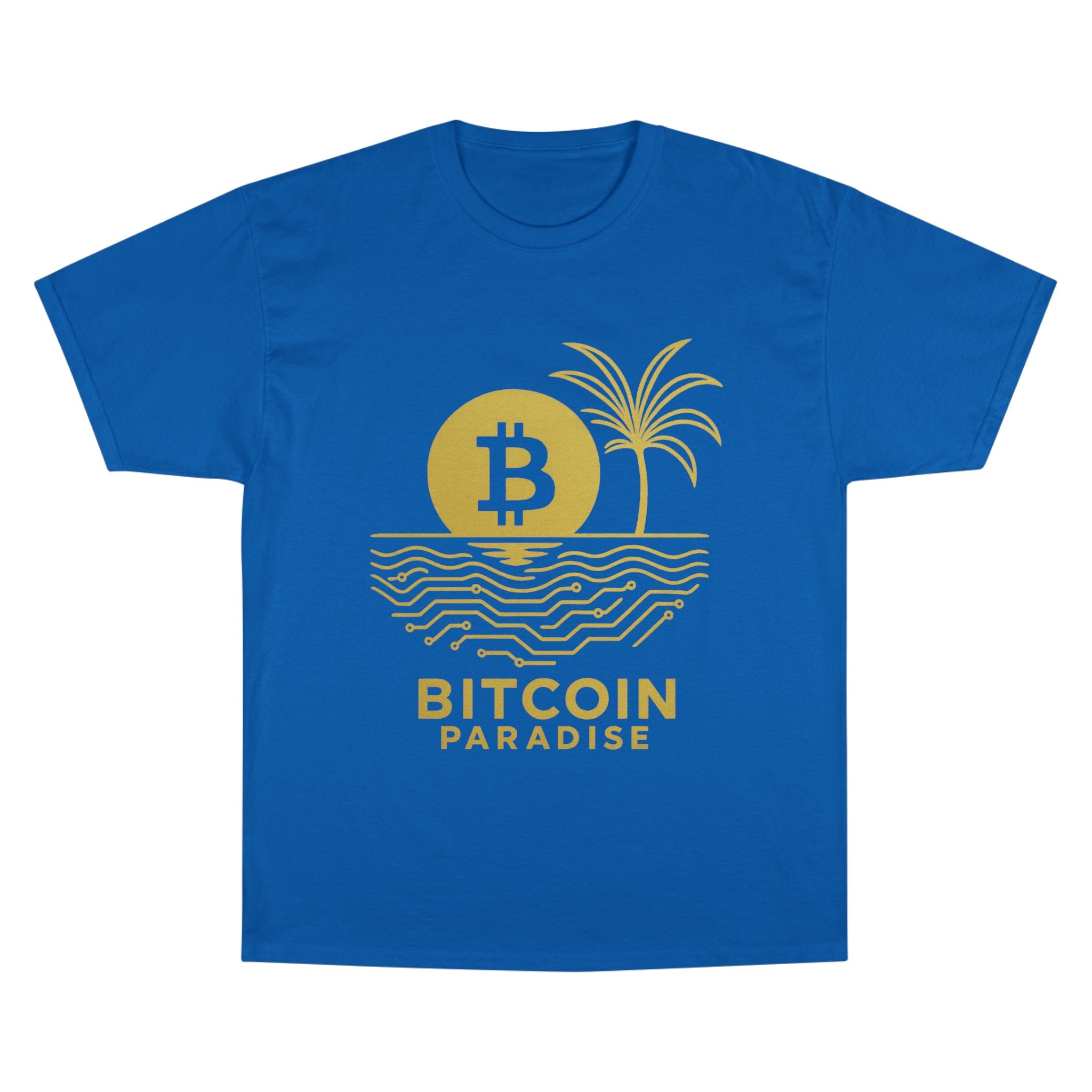 Bitcoin Beach T-Shirt — Gold Crypto Palm Tree Design