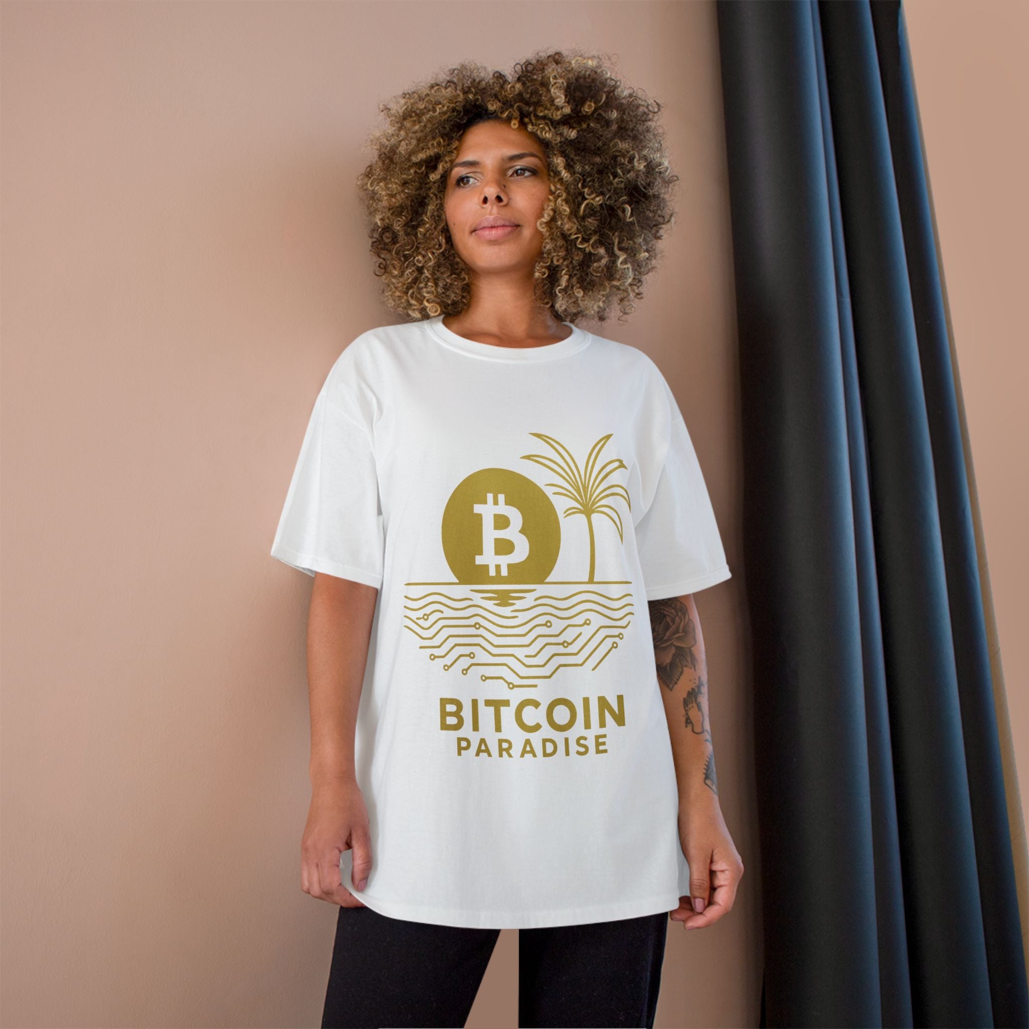 Bitcoin Beach T-Shirt — Gold Crypto Palm Tree Design
