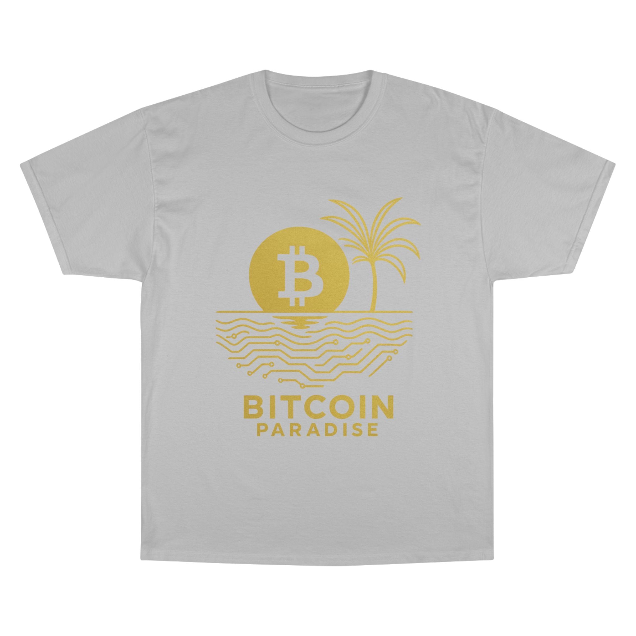 Bitcoin Beach T-Shirt — Gold Crypto Palm Tree Design
