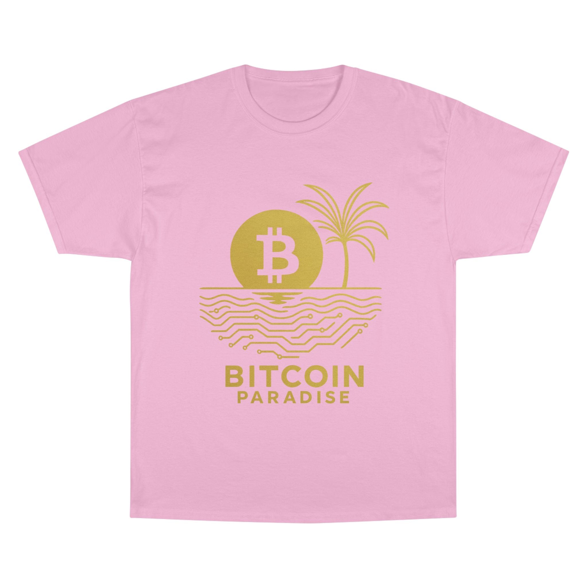 Bitcoin Beach T-Shirt — Gold Crypto Palm Tree Design