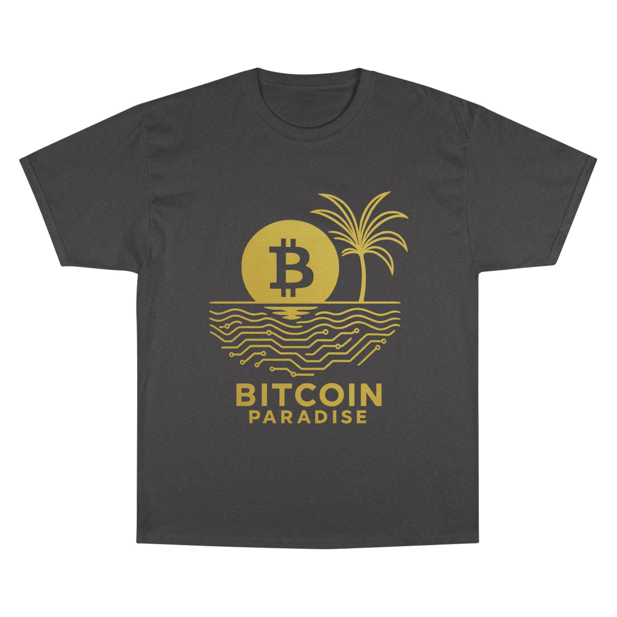 Bitcoin Beach T-Shirt — Gold Crypto Palm Tree Design