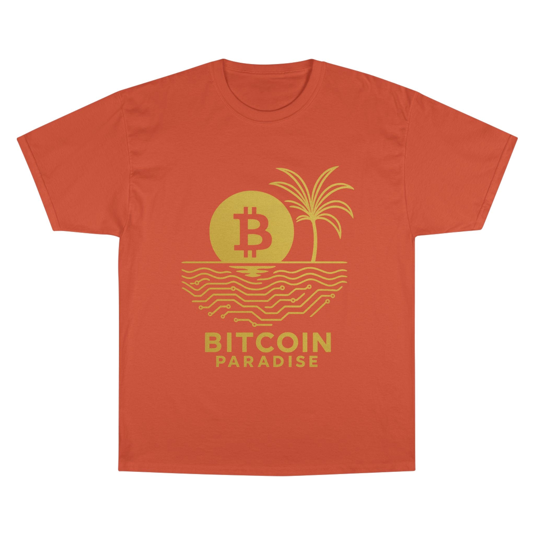 Bitcoin Beach T-Shirt — Gold Crypto Palm Tree Design