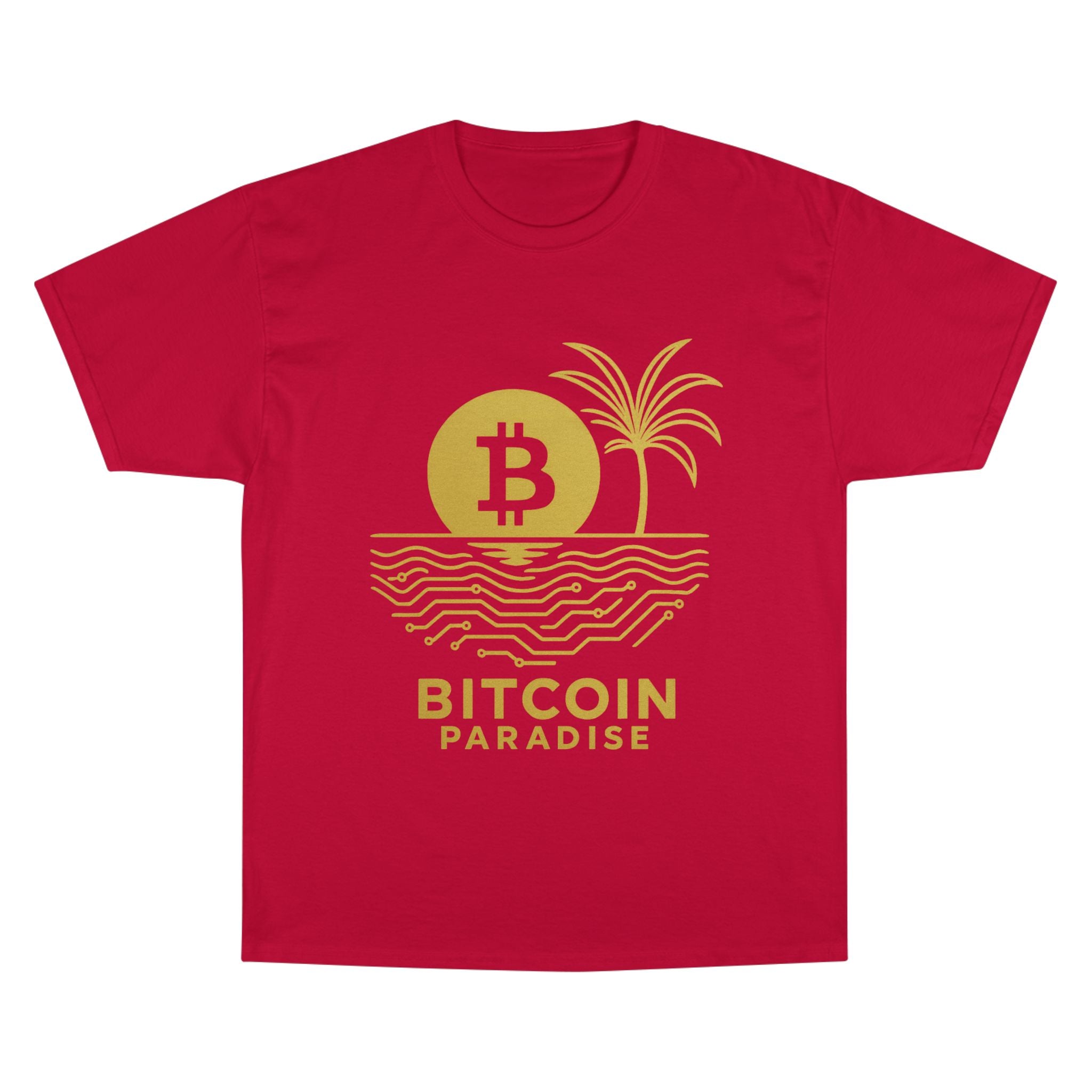 Bitcoin Beach T-Shirt — Gold Crypto Palm Tree Design