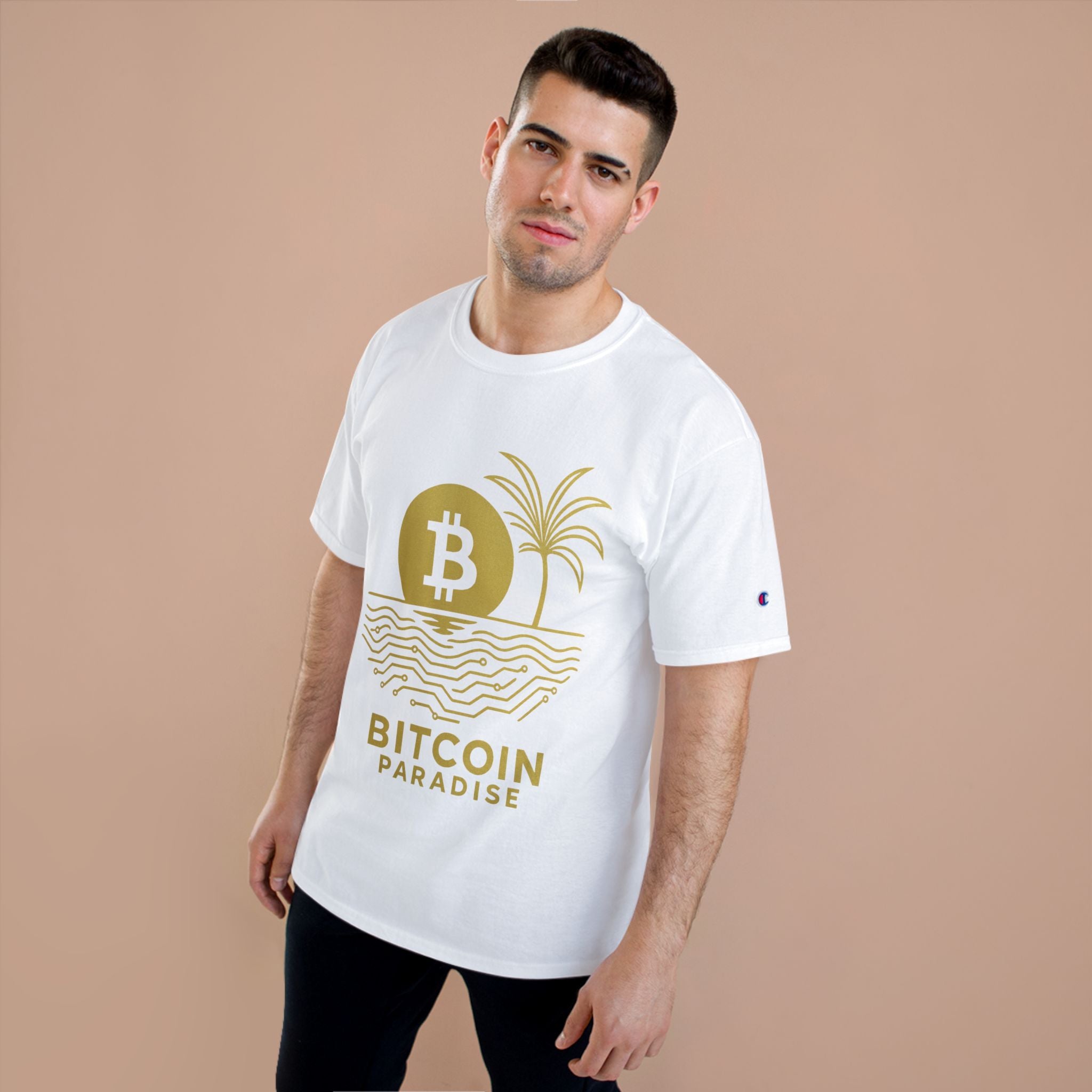Bitcoin Beach T-Shirt — Gold Crypto Palm Tree Design