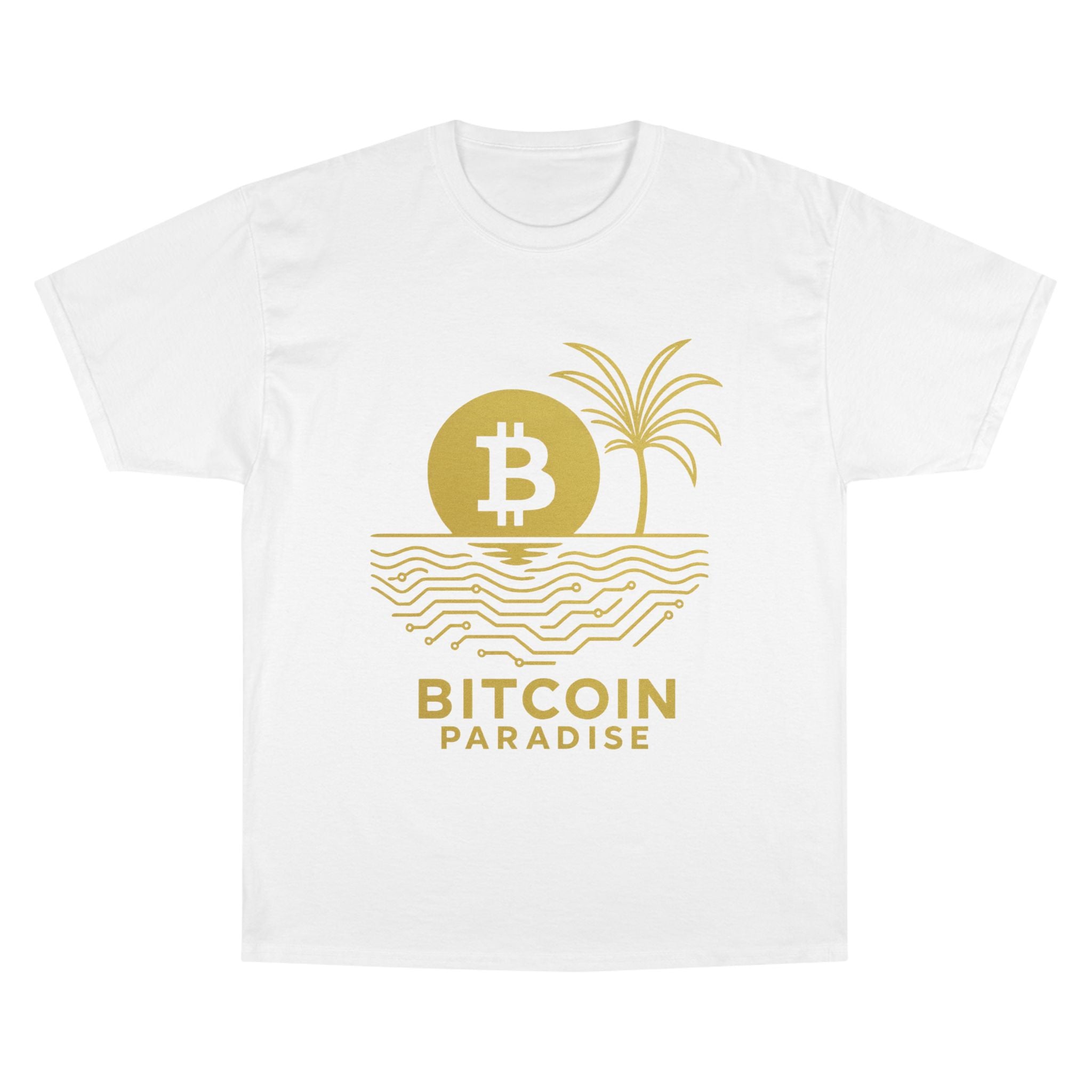 Bitcoin Beach T-Shirt — Gold Crypto Palm Tree Design