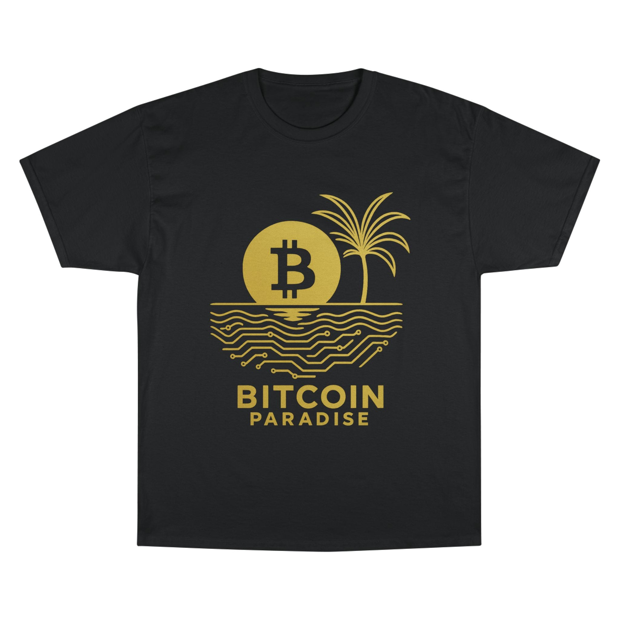 Bitcoin Beach T-Shirt — Gold Crypto Palm Tree Design