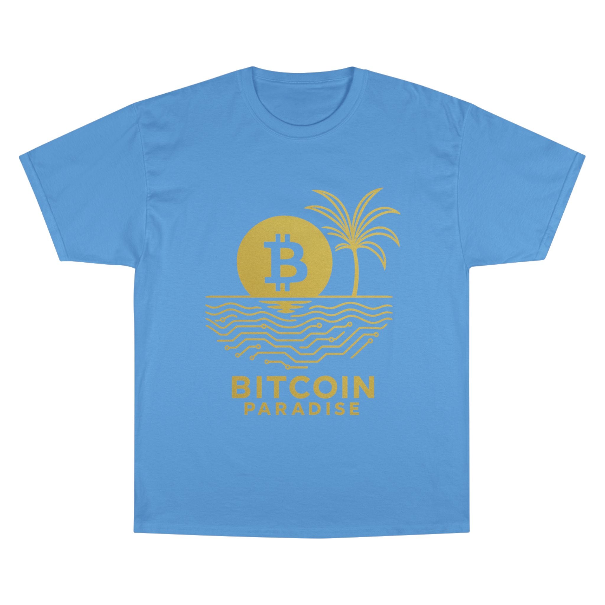 Bitcoin Beach T-Shirt — Gold Crypto Palm Tree Design