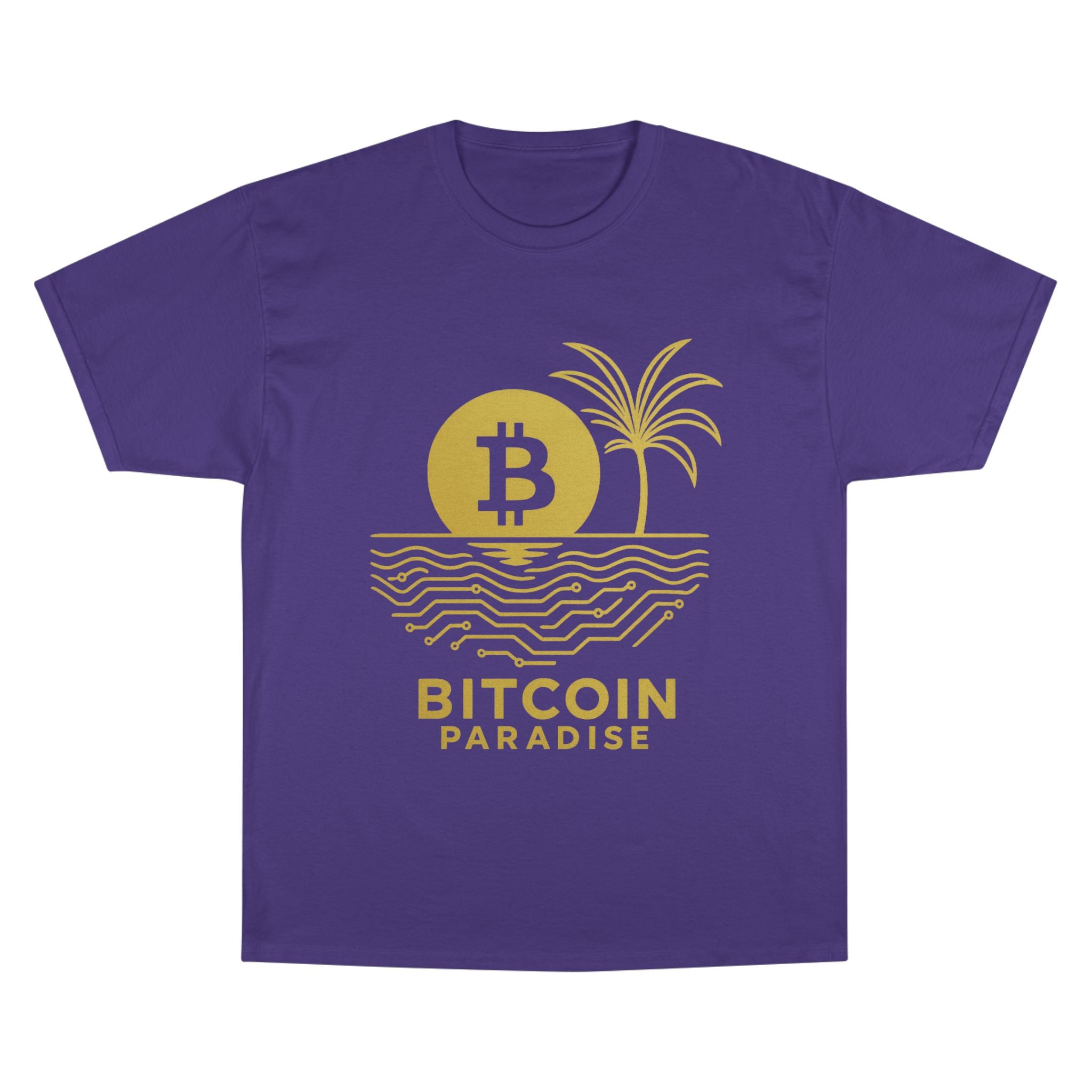 Bitcoin Beach T-Shirt — Gold Crypto Palm Tree Design