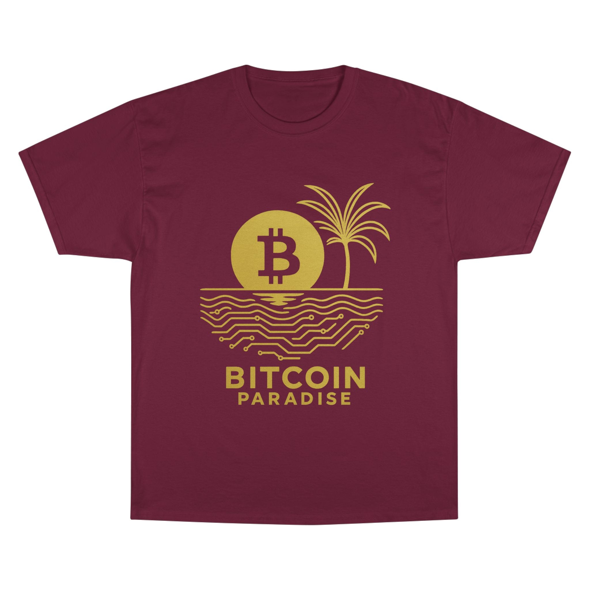 Bitcoin Beach T-Shirt — Gold Crypto Palm Tree Design